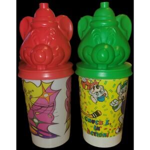 Lot 2 Showbiz Pizza Time Chuck E Cheese Cup Molded Character Top 1993 Cool 2 & 3